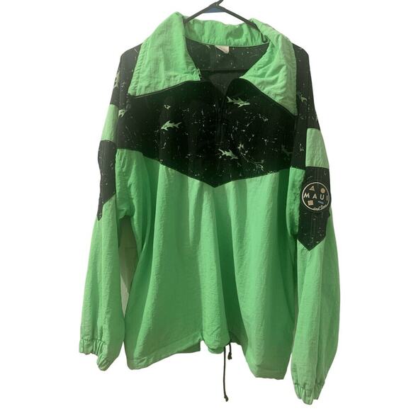 Vintage 90s Maui & Sons Large Green Windbreaker Jacket Shark Pattern - Picture 1 of 11